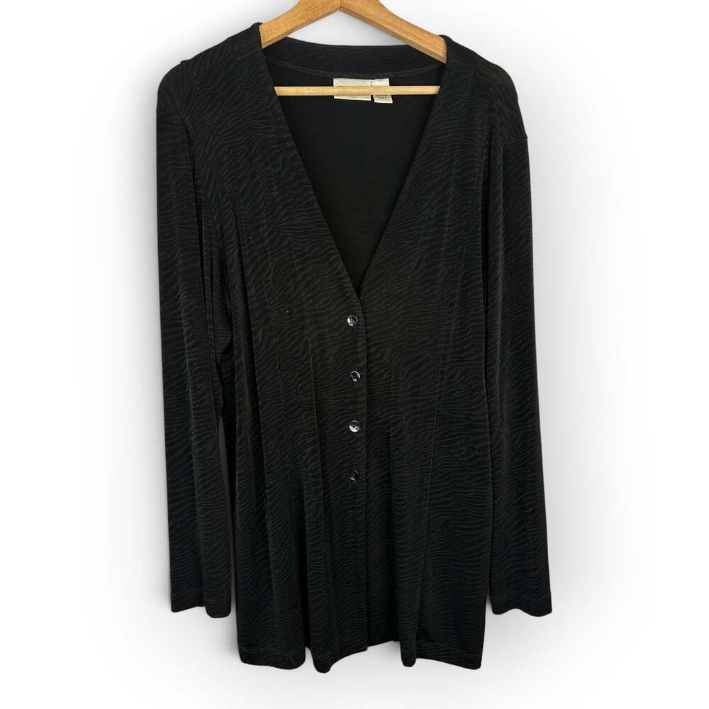 Chicos Travelers Women 2 Lrge Black Slinky Textured Swing Cardigan Drapey Travel